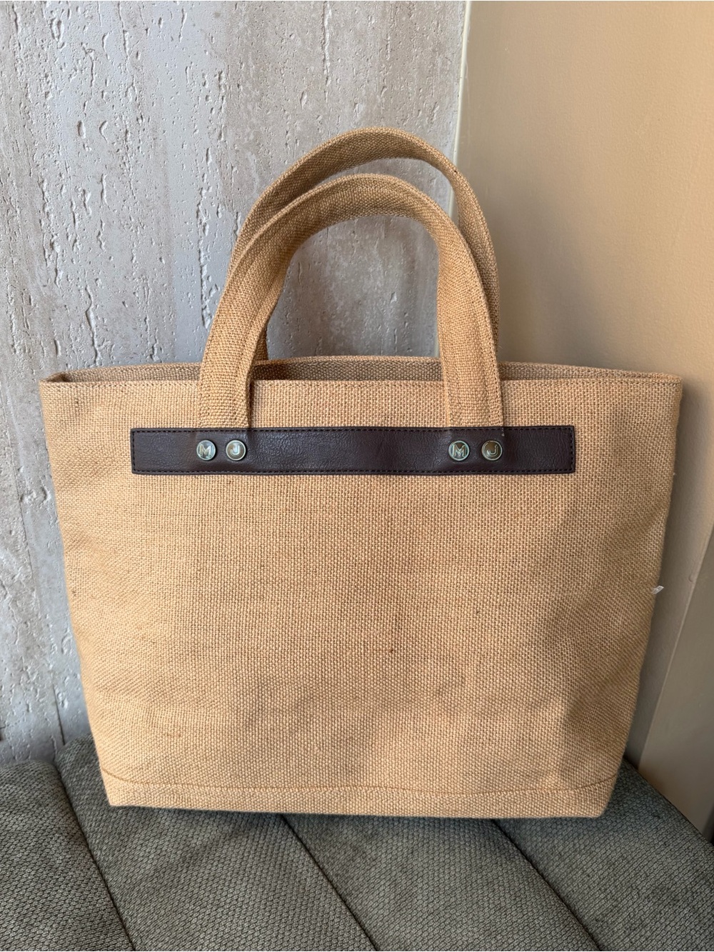 Marc Jacobs Burlap Tote Bag Leather Trim Natural Tan Designer - Picture 2 of 7